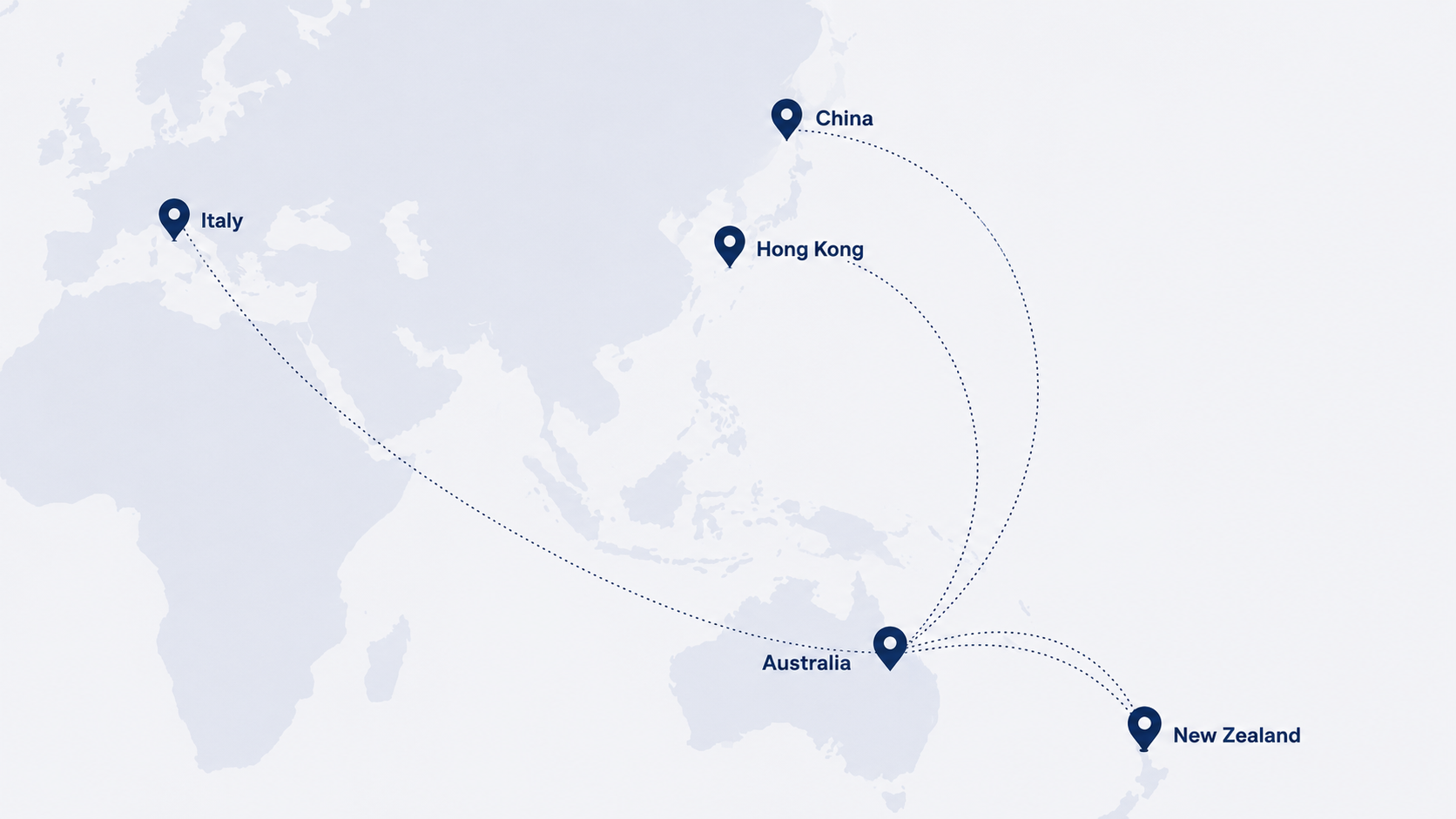 Map highlighting O&P Foods' key markets: China, Hong Kong, Australia, New Zealand and Italy